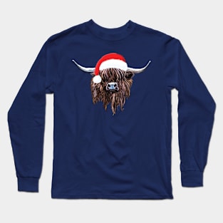 Scottish Highland Cow Christmas Santa Hat Long Sleeve T-Shirt